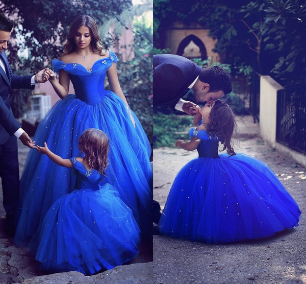 Royal Blue Princess Wedding Flower Girl Dresses Puffy Tutu Off Shoulder Sparkly Crystals Toddler Little Girls Pageant Communion Dress