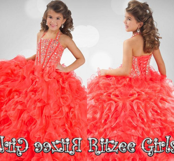 Organza Hot Sale Ball Gown Glitz Girls Pageant Dresses Organza Piping Backless Fink Yellow Full Length Flower Girl Gowns