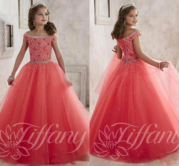 Little Girls Pageant Dresses Wear New Off Shoulder Crystal Beads Coral Tulle Formal Party Dress For Teen Kids Flowers Girls Gowns