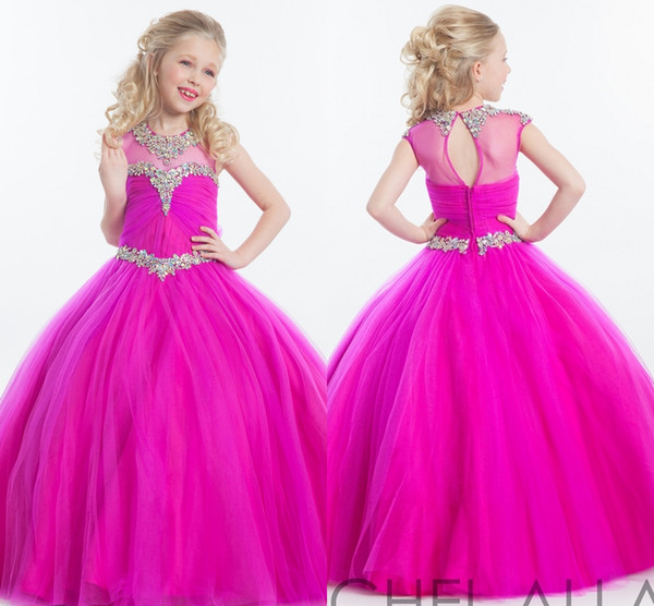 Tulle Plum Ball Gown Pageant Dresses Rachel Allan Sheer Neck Rhinestones Beaded Kids Formal Special Flower Girl Wedding Dress HY1140