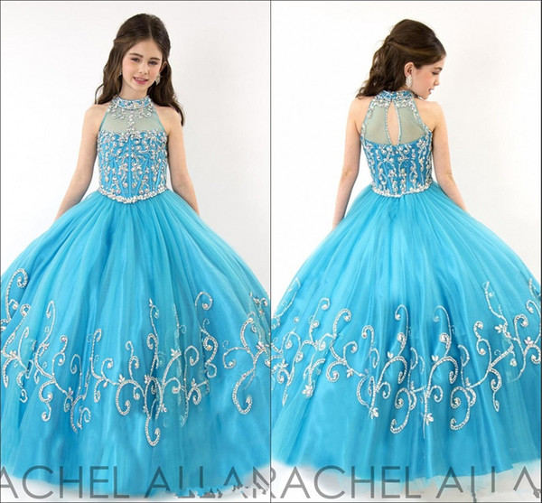 RACHEL ALLAN Girls Pageant Dresses Sheer High Neck Tulle Blue Rhinestone Crystal Beads Glitz Ball Gown Long Flower Girls Gowns HY00732