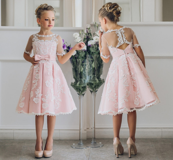 Fancy Blush Pink Communion Flower Girl Dress With Appliques Half Sleeves Knee Length Girls Pageant Gown With Ribbon Bows For Christmas