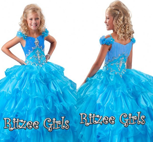 Cheap Promotional Layered Dress Floral Sleeves Ruffled Skirt Pageant Gown Ritzee Girls Organza Girls Pageant Dress HY1152