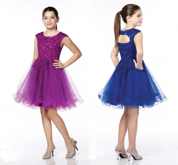 Appliques Beaded Tulle Lace A Line Knee Length Puffy Navy Flower Girl Dress Lovely Princess Holy Little Girls Dresses HY1314