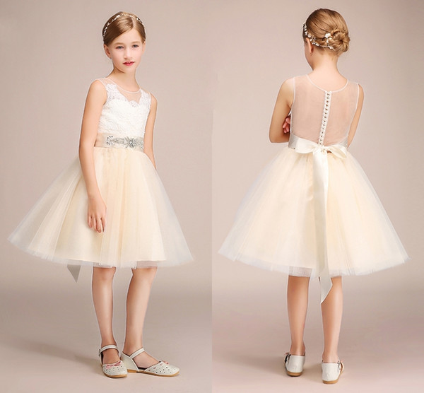 Champagne Flower Girl Dresses For Weddings Sheer Neck See Through Appliques Sash Short Girls Pageant Dress Child Birthday Prom Gowns