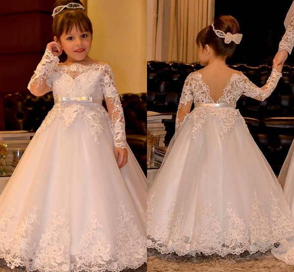 Princess Long Sleeve Vintage Flower Girl Dresses Sheer Neck Lace Appliques Floor Length Flowergirl Dress With Bow Pageant Gowns