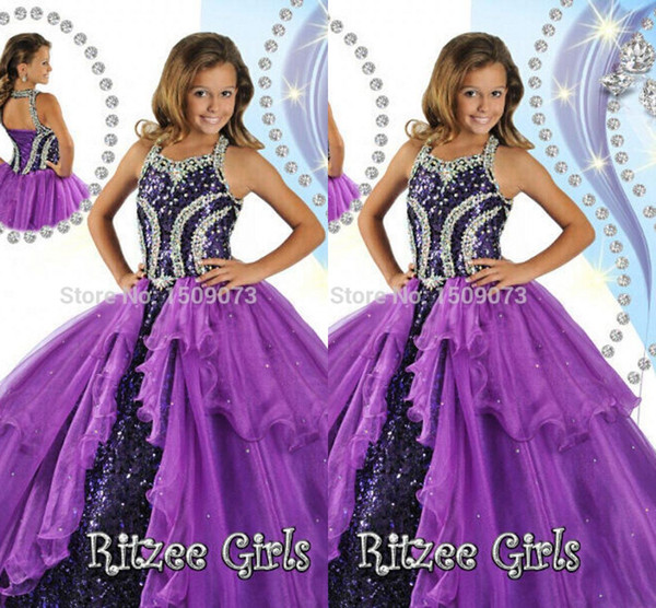 Hot Sale High Rated Purple Princess Girl's Pageant Dresses Halter Neck Corset Back Beads Sequin Ball Gown Glitz Girl Dresses HY1141