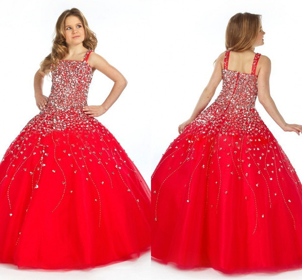 Vintage Princess Red Heavily Beading Floor Length Ball Gown Kids Prom Pageant Dresses For Toddler Girls Glitz Pageant Dresses HY1281