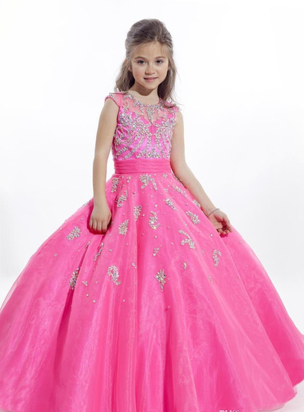 Beauty Little Girls Glitz Pageant Dresses Ball Gown Jewel Beads Applique Blue And Fuchsia Floor Length Kids Flower Girl Dresses HY0794