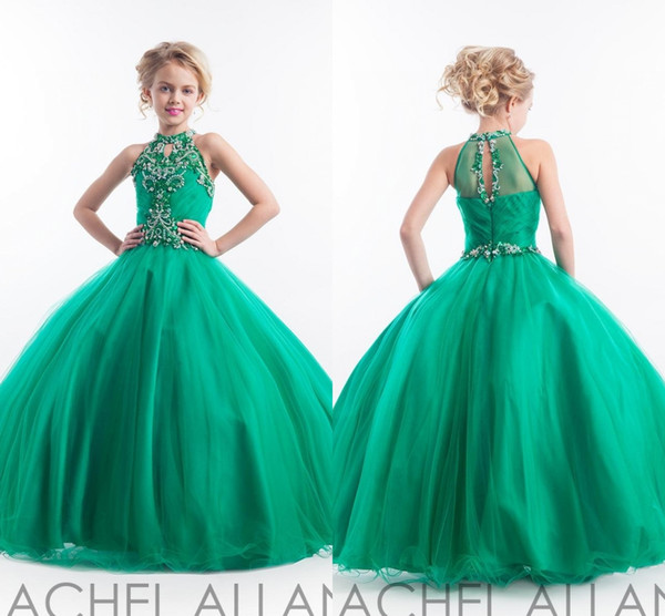 Pageant Dresses Rachel Allan Glitz Cupcake Dress Halter Sleeveless Princess Crystal Beading Green Girls Dress Birthday Gowns HY1145