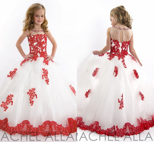 Arrival Girls Pageant Dresses Jewel Neck Lace Appliques Beads Sash Sleeveless Button Back Kids Flower Girls Dress Birthday Gowns DH0682