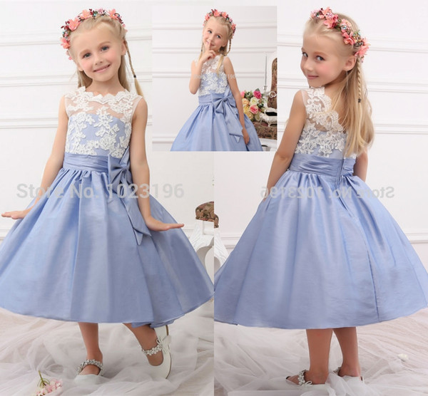 New Real Princess White Top Blue Flower Girl Dresses Tea Length Tulle Infant Little Girl Birthday Party Dresses HY1268