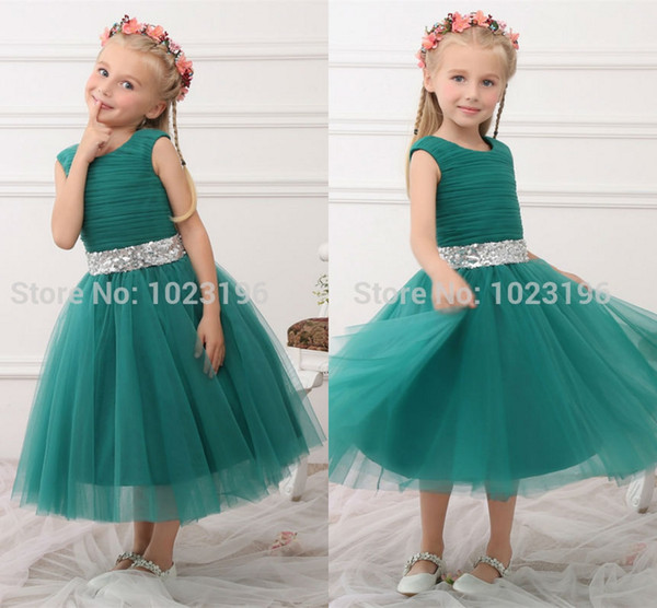 New Real Princess Green Flower Girl Dresses Sequins Sash Tea Length Tulle Infant Toddler Girls Pageant Dresses Party Dress HY1270