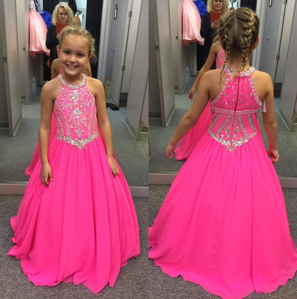 Fuchsia Halter Chiffon Girls Pageant Dresses Beaded Rhinestones Top A Line Floor Length Girl's Pageant Dresses BA7601