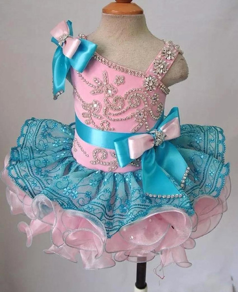 Adorable One Shoulder Girls Pageant Dresses with Bow Sash Crystals Organza Pink Blue Flower Girl Dresses Birthday Party Dress BC2559