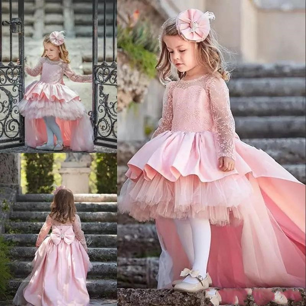 Vintage Pink Flower Girl's Dresses Puffy Ball Gown Lace Long Sleeves Bow Flower Girl's Dress