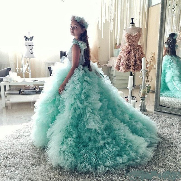 New Princess Ball Gown Girl's Pageant Dresses With Bow Jewel Neck Sweep Train Ruched School Party Dresses