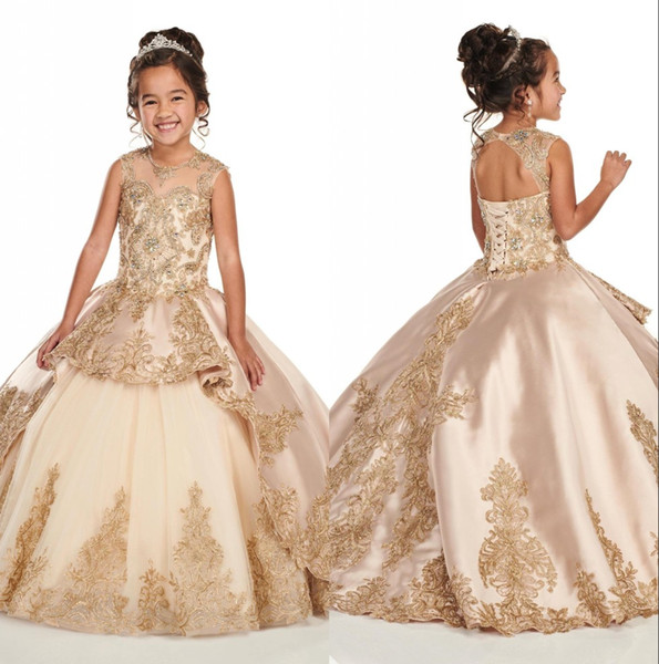 Gold Applique Lace Champagne Girls Pageant Dresses Cap Sleeve Jewel Beaded Crystal First Communion Flower Girls Dress BC2500