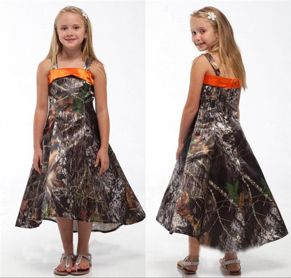 Camo Flower Girl Dresses Realtree Camouflage Children Princess Dresses A Line Spaghetti Ankle-Length Junior Bridesmaid Gowns BA0557