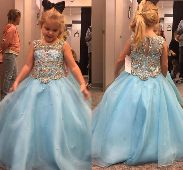 Cute Light Sky Blue Girls' Pageant Dresses With Crystals Beaded Sleeveless Kids Formal Wear Gowns Flower Girl Dress