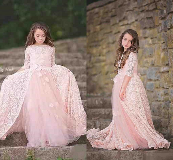 Beautiful Pink Lace Princess A Line Little Girl Pageant Party Dresses Bautism Tulle Half Sleeve Flower Girl Dresses For Wedding Custom