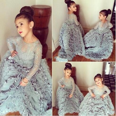 New Arrival Cloud Flower Girl Dresses Long Sleeves Tiered Sheer Neck Floor Length Girls Pageant Dresses Kids Wedding Formal Wear BA0640