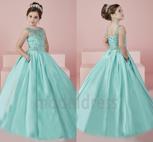 New Shinning Girl's Pageant Dresses 2022Sheer Neck Beaded Crystal Satin Mint Green Flower Girl Gowns Formal Party Dress For Teens Kids