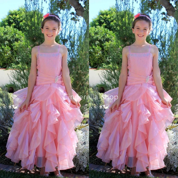 Ball Gown Princess Puffy Girl's Pageant Dresses Sequins Beaded Cascading Ruffles Lace-Up Back Girls Prom Birthday Party Gowns