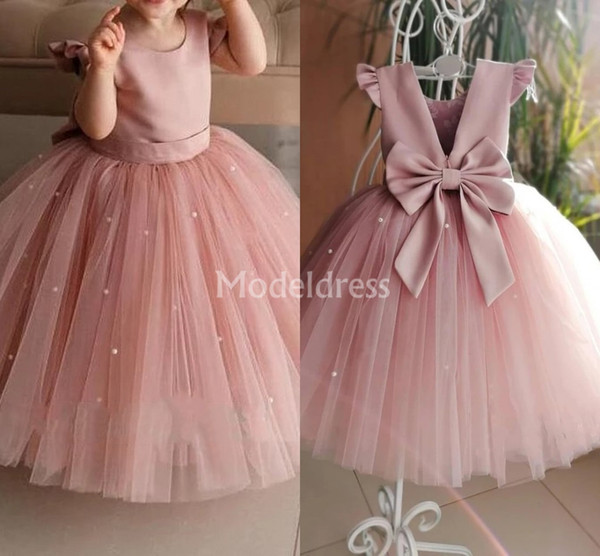 Lovely Girl's Pageant Dresses Jewel Neck Bow Pearls Floor Length Flower Girls Dress Cute Child Birthday Party Gowns Girls Dress For Wedding