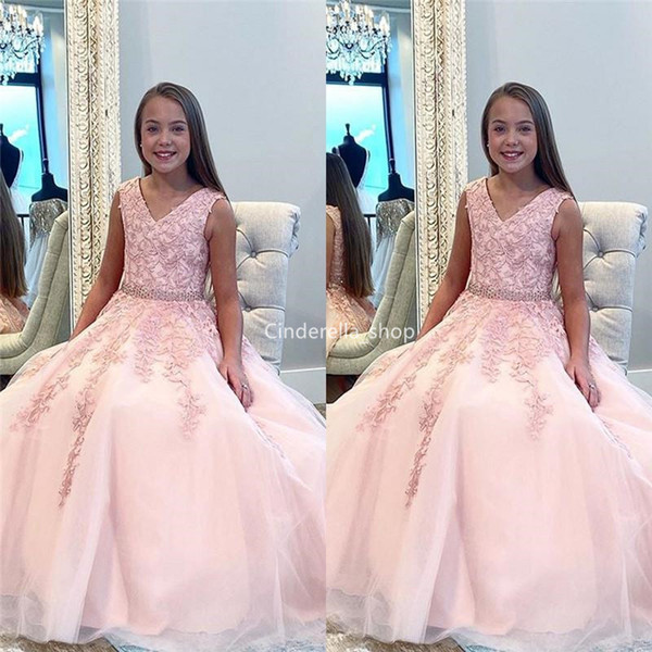 Chic Pink Girl's Pageant Dresses V-Neck Lace Appliques Sleeveless A-Line Flower Girls Dresses Cheap Kids Prom Gowns Vestidos 