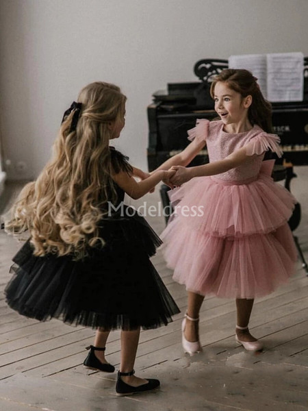 Holy Tiered Girl's Pageant Dresses Jewel Neck Knee Length Flower Girl Dress Lovely Child Brithday Party Gowns Cute Girl First Commuion Dress