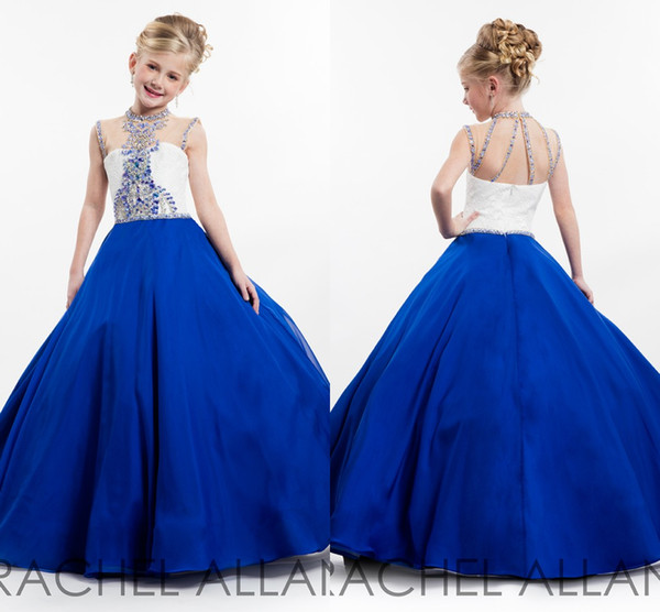 New Girls Pageant Dresses Jewel Sleeveless Princess Crystal Beading Royal Blue Chiffon Kids Flower Girls Dress Birthday Gowns