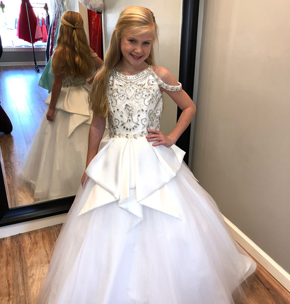 Elegant Pure White Beaded Crystals Girls Pageant Dresses Jewel Neck Straps with Peplum Kids Formal Wear Gowns Party Birthday Dress