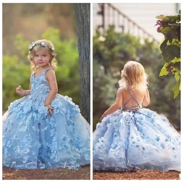 Cute Blue Ball Gown Girls Pageant Dresses with 3D Flowers Crisscross Back Flower Girl Dresses BC1677