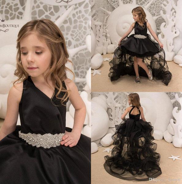 Adorable Puffy Girls Pageant Dresses Black Ruffle Train with Beaded Bow Sash Flower Girl Dresses BC0437