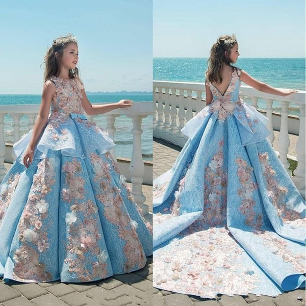 Princess Blue Lace Girls Pageant Dresses Ball Gown Children Birthday Party Dresses Teenage Toddler Dresses Sweep Train BA8575