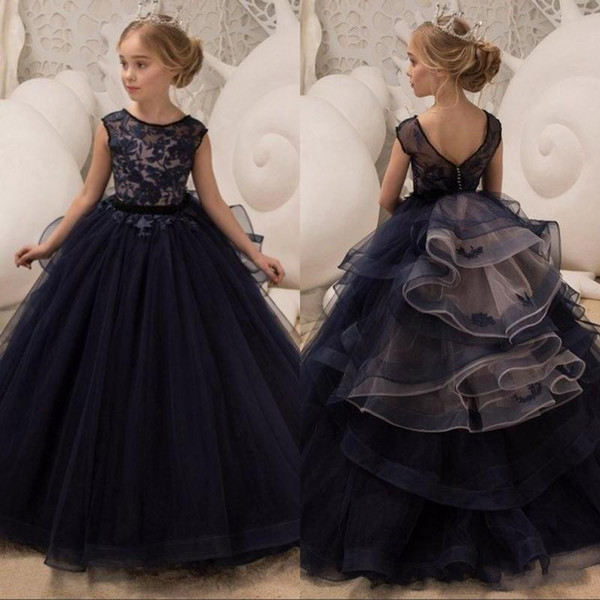 Princess Dark Navy Girls Pageant Dresses with Ruffle Sash Lace Appliques V Cut Back Flower Girl Dresses