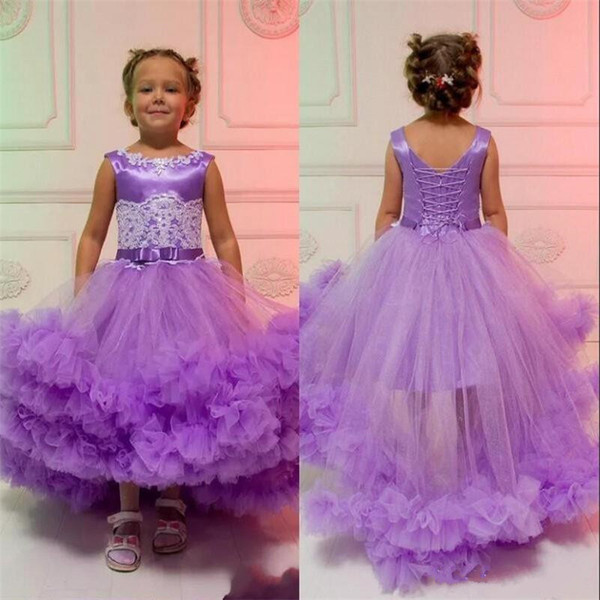 Adorable Purple Girl Pageant Dresses Cascading Tulle Tutu Ruffles Appliques Beads Belt With Lace-up Back High Low Flower Girl Dress