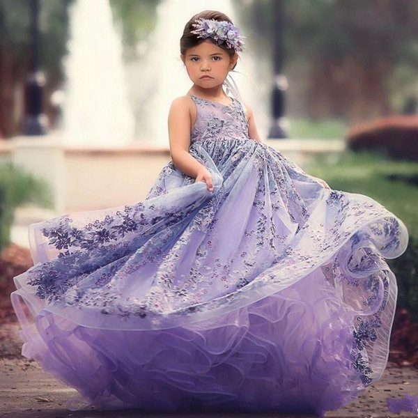 Lavender Ball Gown Beaded V Neck Backless Girls Pageant Dresses Tulle Sweep Train Kids Prom Dress Flower Girl Dresses BC0747