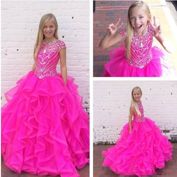 Fuchsia Organza Girls Pageant Dresses Cap Sleeves and Jewel Neck Tiers Layers Ruffles Ball Gown Girls Holiday Gowns Custom Made