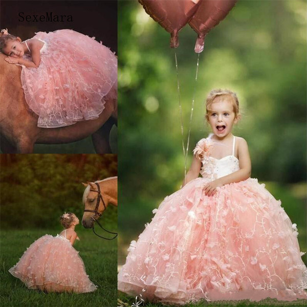 New Arrival Pink Girl Pageant Dresses Ball Gown Spaghetti Strap Appliques Tulle Skirt Ruffles Ruched Long Kids Toddler Flower Girl Dress