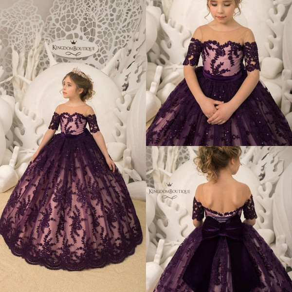 Grape Flower Girl Dresses Short Sleeve Lace Sequins With Big Bow Girls Pageant Gowns Toddlers First Communion Gowns BC1393