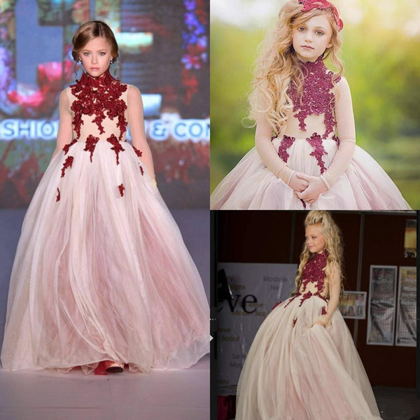 A Line High Neck Flowers Girls Dresses Burgundy Lace Applique Long Sleeve Teens Princess Pageant Gowns Prom Wedding Party Dress BC1574