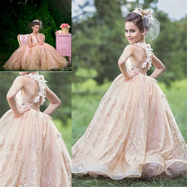 Champagne Gold Ball Gown Girl Pageant Dresses Princess Spaghetti Sleeveless Applique 3D Embroidery Ruffles Long Kids Formal Gowns Weddings