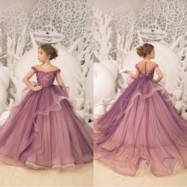 New Girls Pageant Dresses Appliques Beads Ruffle Floor Length Princess Teens Party First Communion Gowns Purple Flower Girls Dresses