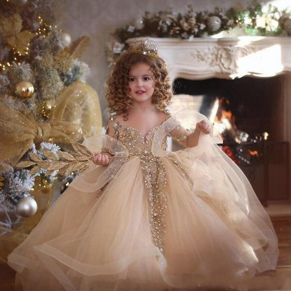 Sparkly Gold Ball Gown Girls Pageant Dresses Long Sleeves Pearls Lace Applique Princess Tulle Puffy Kids Flower Girls Birthday Gowns