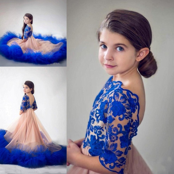 Princess Royal Blue Appliques Tulle Girls Pageant Dress Backless Bateau Neck Ruffles Flower Girls Dresses For Weddings Arabic Pageant Gown