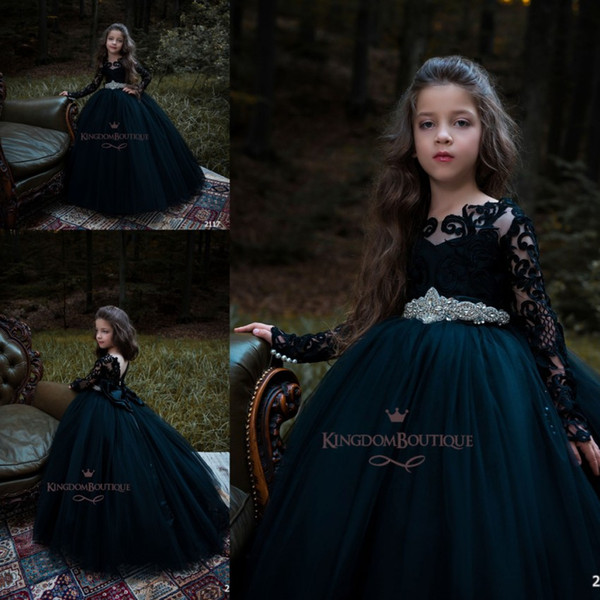 Gothic Black Ball Gown Girl's Pageant Dresses With Beads Sashes Flower Girl Dresses Long Sleeves Tiered Tulle Birthday Gowns BC0202