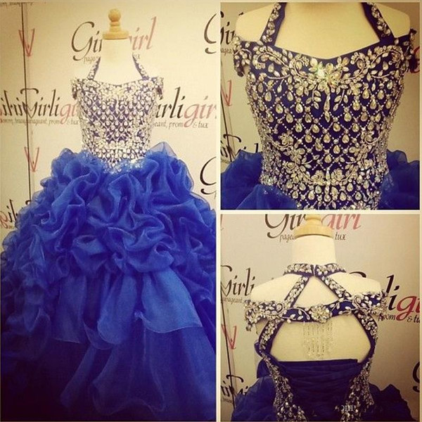 Rhinestones Beaded Sequins Royal Blue Girl Pageant Dresses Ball Gown Criss Cross Backless Tier Ruffles Organza Kids Formal Party Gown