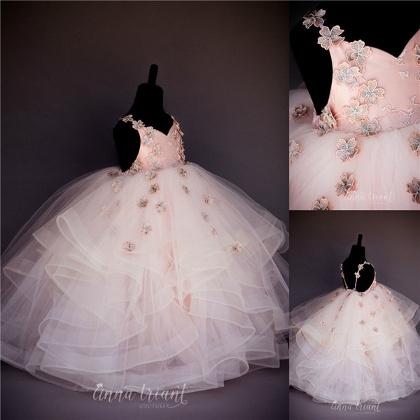 Pale Pink Ball Gown Girls Pageant Dresses Cute Princess Spaghetti Straps Handmade Flowers Puffy Ruffles Kids Flower Girl Dress Formal